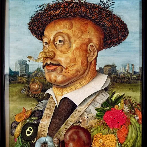 Prompt: a businessman made of money in the style of giuseppe arcimboldo, oil canvas, high quality