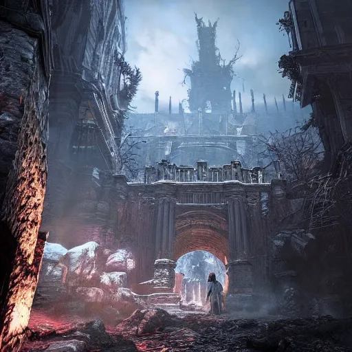 Image similar to a cave entrance in the middle of a city, screenshot from bloodborne, professional work, stunning screenshot