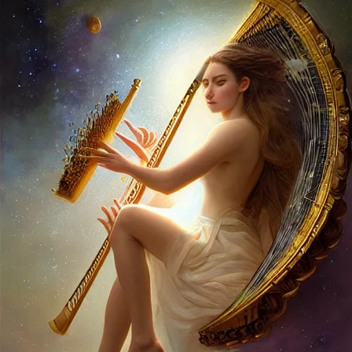 Image similar to a high quality realistic portrait of a very very beautiful! celestial interdimensional goddess playing a mystical harp and springing life into the universe, highly detailed, intricate, sharp focus, fantasy, mystical, dreamlike, cinematic lighting by WLOP and greg rutkowski