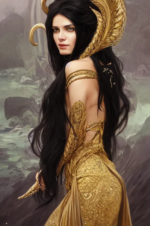 Image similar to fullbody!! of a beautiful woman with long black hair, big natural horns on her head, long flowing intricate dress, gold jewellery, dnd, face, fantasy, intricate, elegant, highly detailed, digital painting, artstation, concept art, smooth, sharp focus, illustration, art by artgerm and greg rutkowski and alphonse mucha