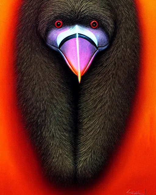 Image similar to realistic surreal painting of a bipedal sloth character, long curly fur, full skull shaped face cover, mage robe based on a toucan, 6 toucan beaks, in the style of zdzislaw beksinski, stylized, video animation, hogwarts legacy, chromatic aberration, super natural, neon glow