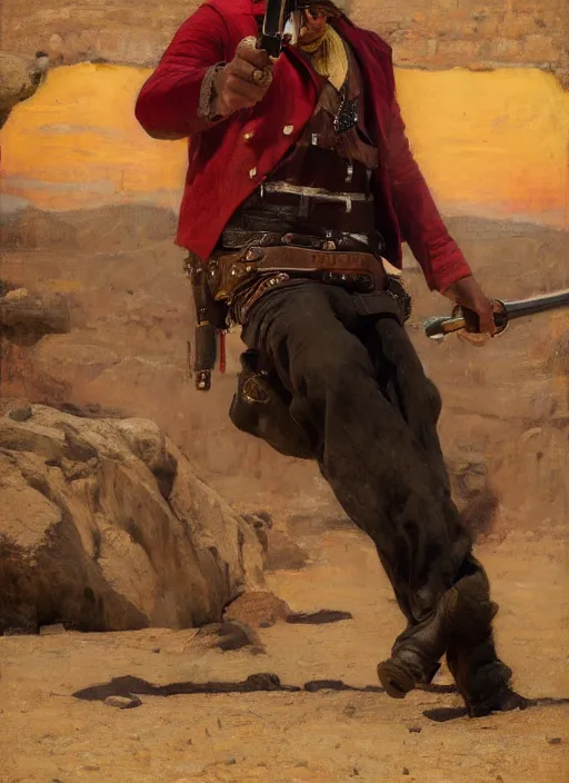 Image similar to Old west circus trickshooter (rdr2). Iranian orientalist portrait by john william waterhouse and Edwin Longsden Long and Theodore Ralli and Nasreddine Dinet, oil on canvas. Cinematic, hyper realism, realistic proportions, dramatic lighting, high detail 4k