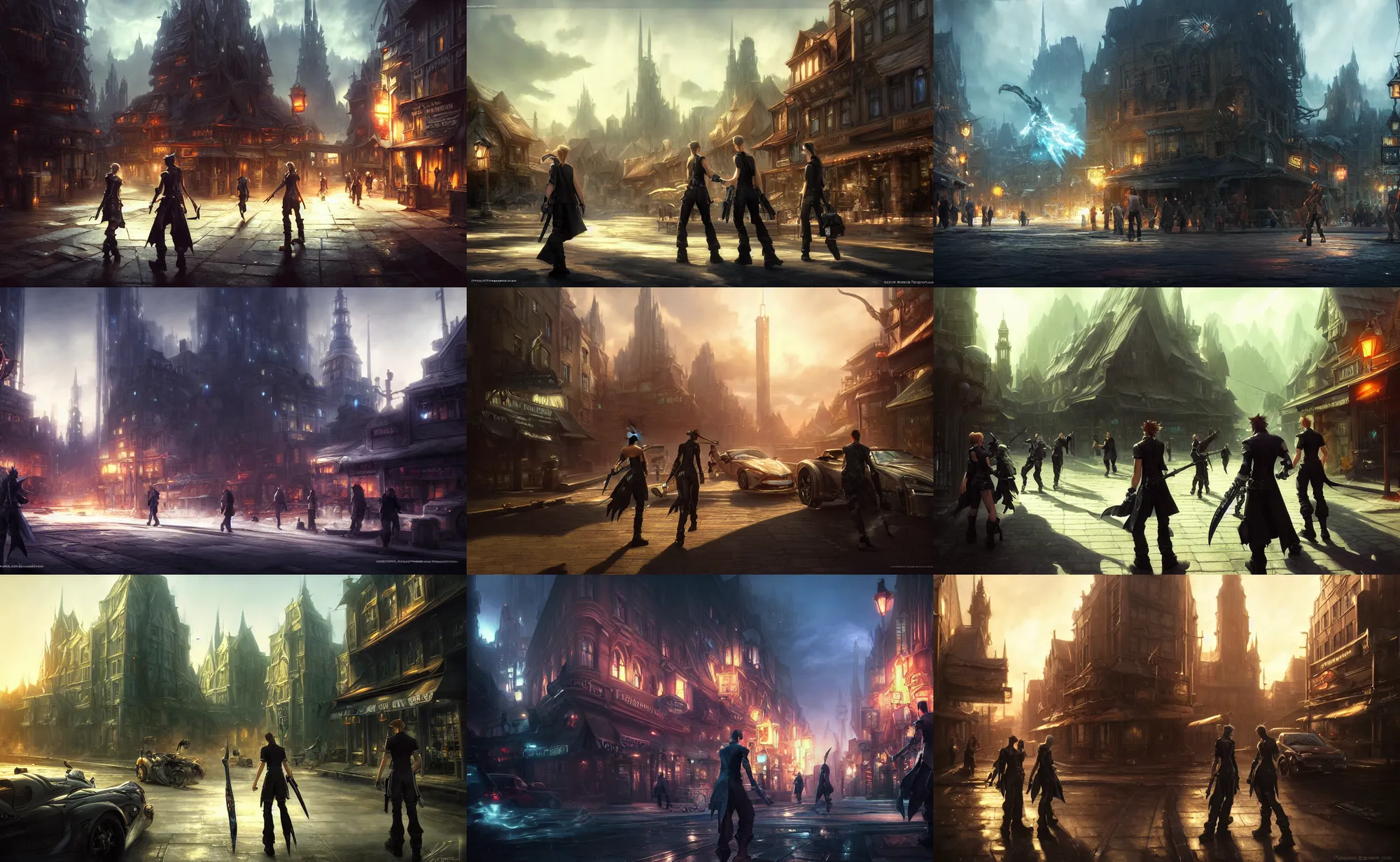 Prompt: raymond swanland and andreas rocha and james gurney and artstation detailed digital art of a final fantasy 1 5 town, realistic lighting, unreal engine, hyper realism, realistic shading, blender render, octane render, detailed textures, sharp focus, very wide shot