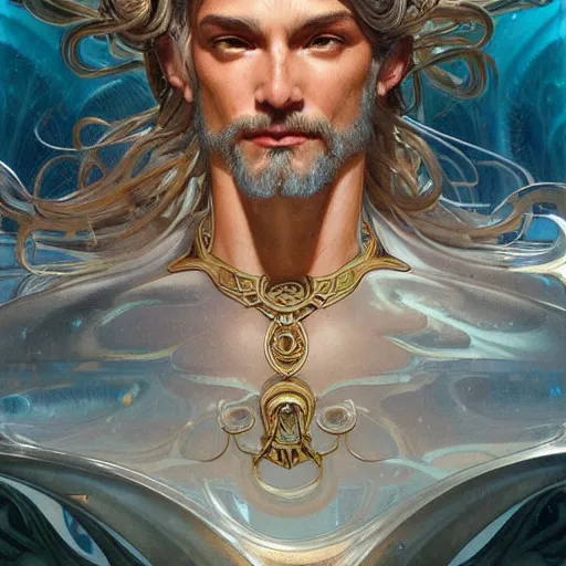 Prompt: portrait Poseidon god of sea, sci-fi, fantasy, intricate, very very beautiful, elegant, highly detailed, digital painting, artstation, concept art, smooth, sharp focus, illustration, art by artgerm and greg rutkowski and alphonse mucha