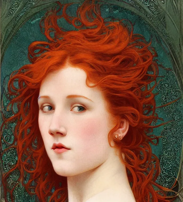 Prompt: intricate art nouveau portrait of redheaded young molly ringwald with long red hair blowing in the wind, mouth open, wearing a thin white dress, in front of a carved screen, elegant, digital painting, smooth, sharp focus, illustration, ultra realistic, 8 k, by bouguereau, alphonse mucha, artgerm, and donato giancola