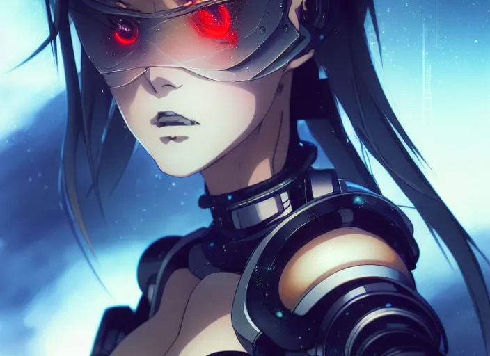 Image similar to a anime portrait of a cyborg woman, finely detailed features, closeup at the face, sharp focus, aesthetically pleasing art, night time city background, cinematic lighting, highly detailed, intricate, smooth, anime!! artstation, trending on pixiv fanbox, painted by greg rutkowski and studio ghibli and yoji shinkawa and hayao miyazaki,