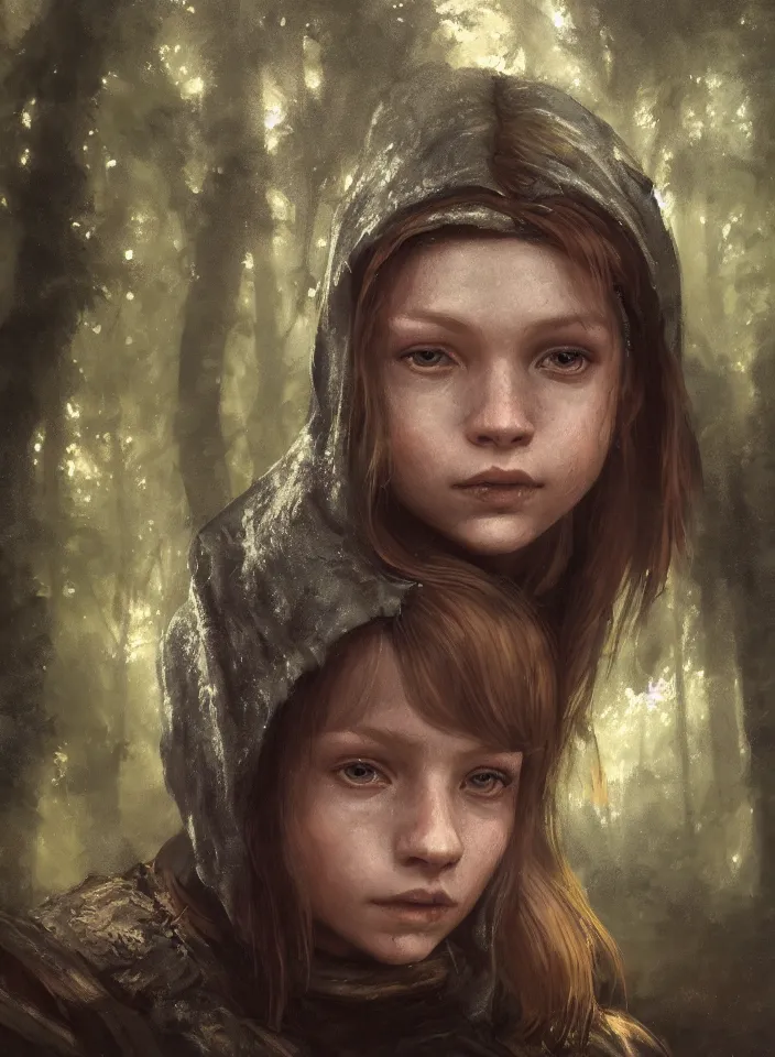 Image similar to a closeup portrait of an young girl from skyrim practicing alchemy, fantasy setting, forest environment, serene colors, soft lighting, atmospheric, cinematic, moody, in the style of diego koi, gina heyer, luiz escanuela, art by alyssa monk, depth, hyperrealism, rule of thirds, golden ratio, oil on canvas, 8 k