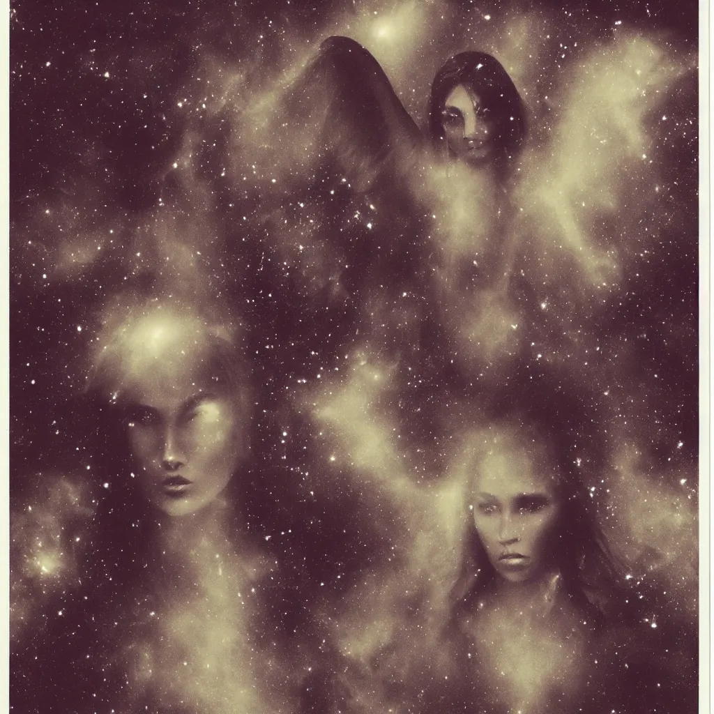 Image similar to a lost female angel glaring into your eyes, deep cosmic eyes, wide long wings made from dark cosmic nebulas, realistic photograph, polaroid pic by horror