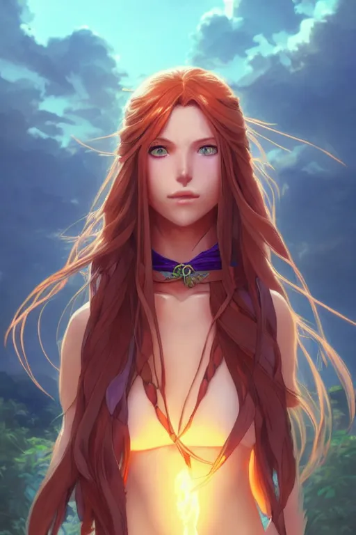 Image similar to long ginger hair, tanned woman in a prehistoric outfit, green eyes, by artgerm, hair tied in a ponytail, white backdrop, soft lighting, blue and purple colors, by greg rutkowski makoto shinkai takashi takeuchi