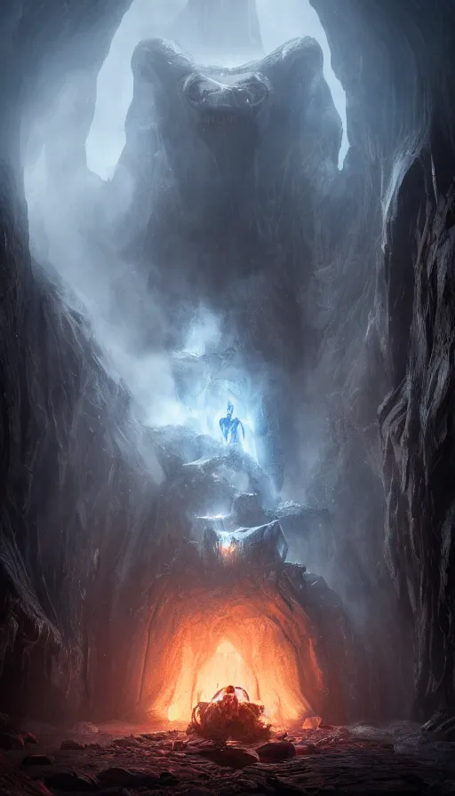 Image similar to The Balrog of Moria, epic portrait shot, cinematic lighting, Rendered Unreal Engine 5, film key art, Greg Rutkowski, Bloom, dramatic lighting