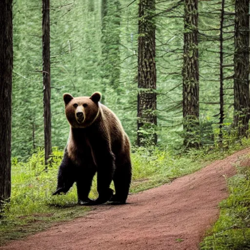 Prompt: a bear chasing a person wearing a backpack in the forest