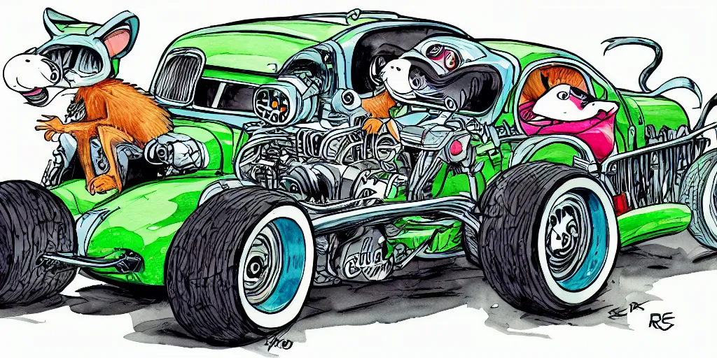 Image similar to racoon riding in a tiny hot rod coupe with oversized engine, ratfink style by ed roth, centered award winning watercolor pen illustration, by chihiro iwasaki, edited by range murata