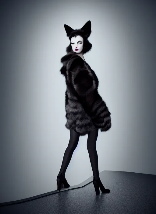 Image similar to full body environmental portrait photo of dressed catgirl anya taylor - joy, cat ears, fur, glamour shot by gemmy woud - binnendijk, chris knight, photorealistic, canon r 3, high fashion photography, elegant, luxury and elite, symmetry, octane render, unreal engine, solid dark grey background, dramatic studio lights, high fashion journal cover