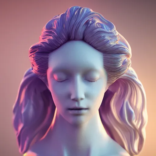 Image similar to abstract female sculpture made of white marble and amethyst crystals quartz, ethereal lights, fine details, artstation. com, film still, cinematic photoshooting, luxury, strong wind blowing, wavy hair, dark mood, sad, cold colors, golden filigree, octane render, lens flare