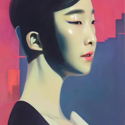 Image similar to Lee Jin-Eun by Vincent Di Fate, rule of thirds, seductive look, beautiful, in intergalactic hq