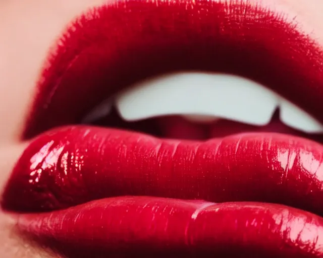 Prompt: a girl's long tongue sticking out of her lips with red lipgloss.