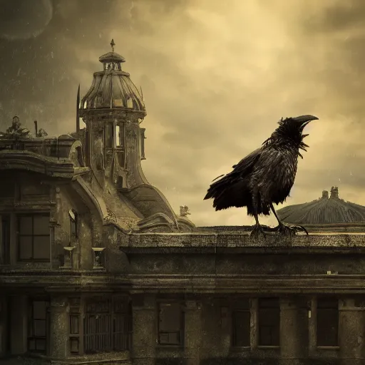 Image similar to Crow Fursuit, centre composition, dark clouds, golden hour, surreal abandoned buildings, dream-like heavy atmosphere, baroque painting, beautiful detailed intricate insanely detailed octane render trending on Artstation, 8K artistic photography, photorealistic, dramatic volumetric cinematic perfect light, chiaroscuro, award-winning photograph, masterpiece,