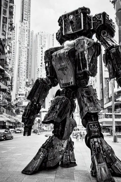 Image similar to portrait cinematography of beautiful young female, clothed in sci-fi military armor, long hair blowing in the wind. Giant mechs in the streets of Hong Kong. by Anita Sadowska