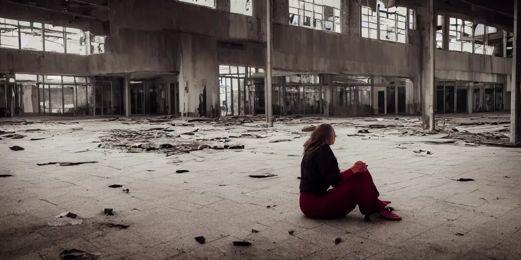 Image similar to woman sitting alone in a derelict mall. the room is dark with only a pit of light shining on her. 4k hyperrealistic. Cinematic shot