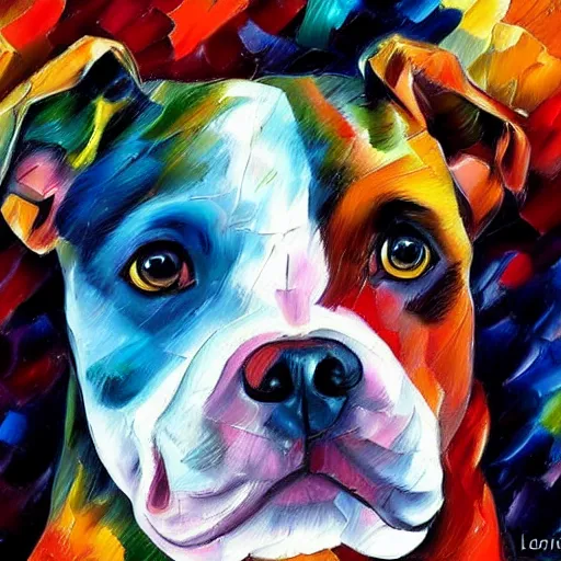 Prompt: painting of a mini pit bull by Leonid Afremov