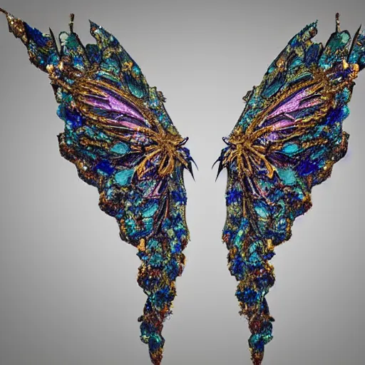 Prompt: pair of fairy wings with an intricate couture chandelier inspired accent design full of swirls, hanging crystals, artstation trending, cgsociety