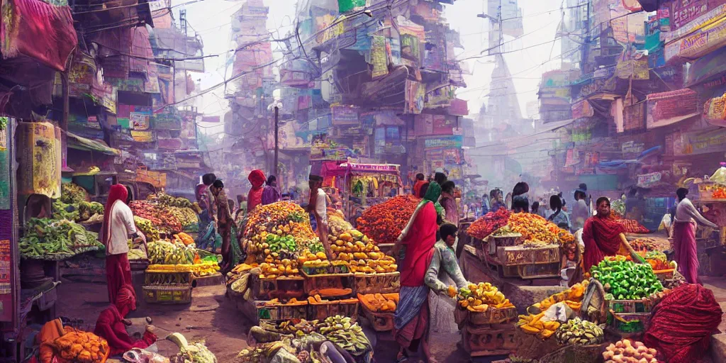 Image similar to A beautiful, surreal, India in a cyberpunk futuristic setting, people haggling with street vendors, ladies buying vegetables, full of details, hyper realistic, trending on artstation, 8K, HD