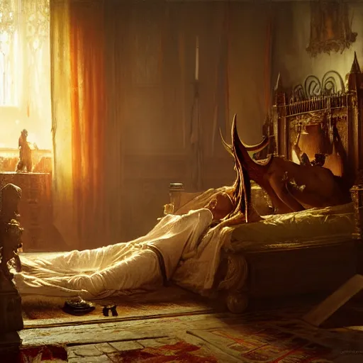 Image similar to the catholic pope in his bed, scared, because a horned demon is attacking him. highly detailed painting by gaston bussiere, greg rutkowski, craig mullins 8 k