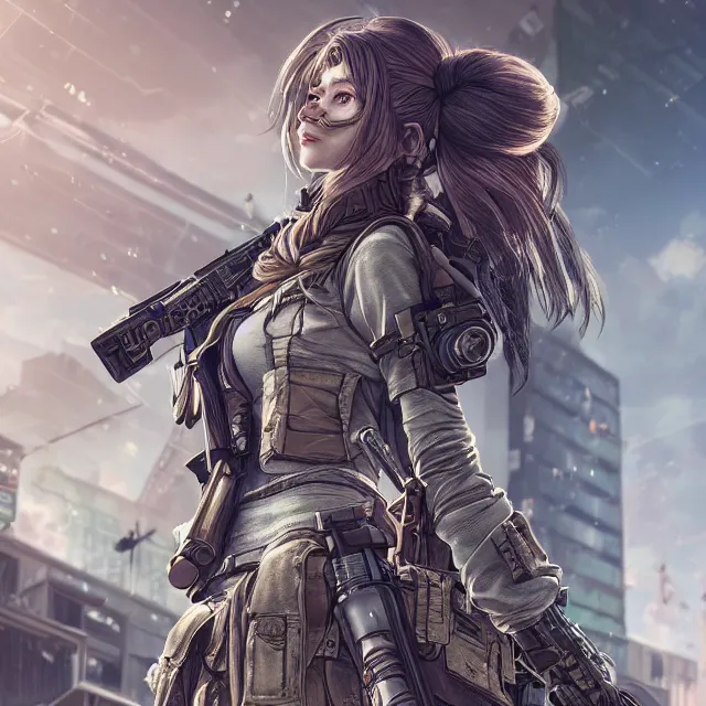 Image similar to the portrait of lawful neutral female cyberpunk infantry sniper as absurdly beautiful, gorgeous, elegant, young woman looking up, an ultrafine hyperdetailed illustration by kim jung gi, irakli nadar, intricate linework, bright colors, octopath traveler, final fantasy, unreal engine 5 highly rendered, global illumination, radiant light, detailed and intricate environment