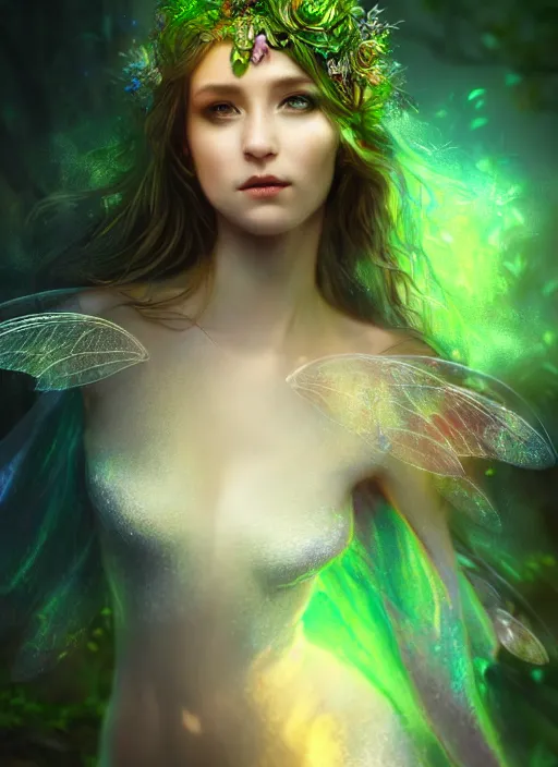 Prompt: beautiful full body portrait fairy faerie fey fae queen forest spirit highly detailed CGsociety subtle enchanting alluring magical concept art HDR hyper realistic volumetric lighting subsurface scattering unreal