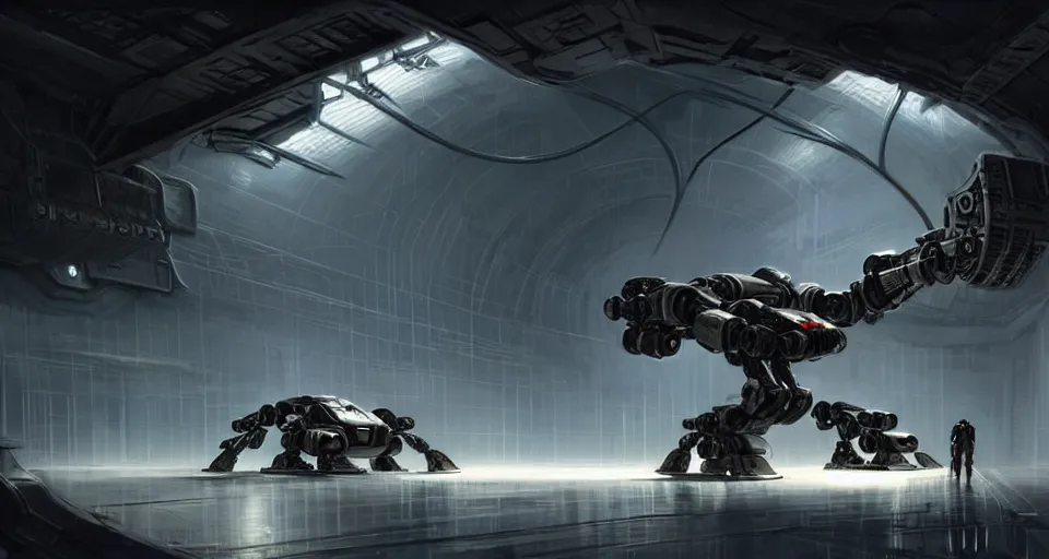 Prompt: hyper realistic sci - fi matte concept art painting of a spider - shaped mecha in a starship hanger, beautiful details, strong composition painted by kim jung guweta studio rutkowski, james gurney and greg rutkowski, and lucasfilm, smooth, intricate, detailed, sharp focus, cinematic