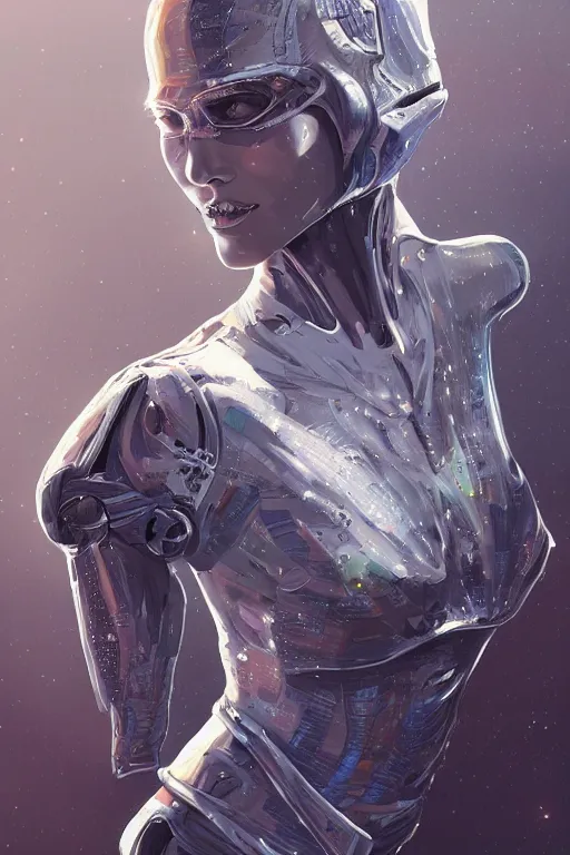 Image similar to portrait of a space cyborg, 3d, third person, lasers, cosmic background, fantasy, intricate, elegant, highly detailed, lifelike, photorealistic, digital painting, artstation, illustration, concept art, sharp focus, art by adam hughes