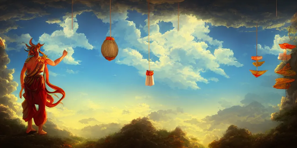 Image similar to painting of wind god enjoying the view from his stone heavenly palace, decorated with windchimes and paper lanterns, nature and clouds in background, digital art, trending on artstation