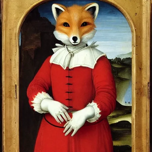 Prompt: renaissance painting of an anthropomorphic fox in a decorated uniform, wearing white gloves