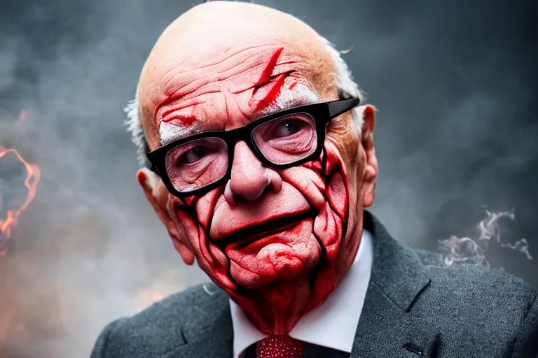 Prompt: Rupert Murdoch wearing glasses and smudged red lipstick and white makeup like The Joker, standing in hell surrounded by fire and flames and bones and brimstone, portrait photography, depth of field, bokeh