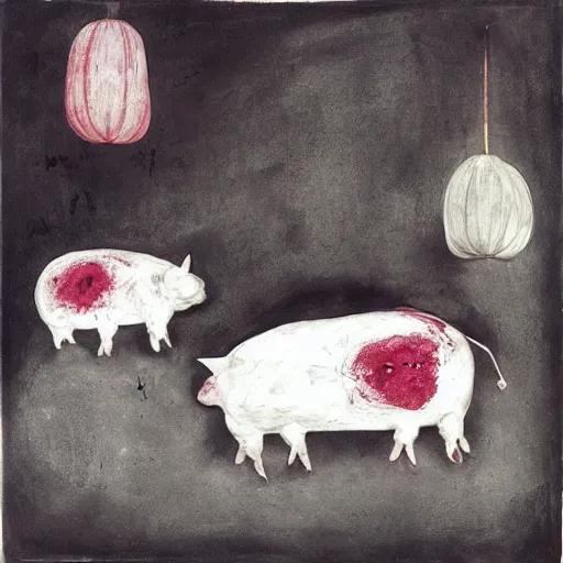 Image similar to “pig paintings and pig sculptures in a pig art gallery, pork, ikebana white flowers, white wax dripping, squashed raspberry stains, charcoal on paper, by munch and Dali”