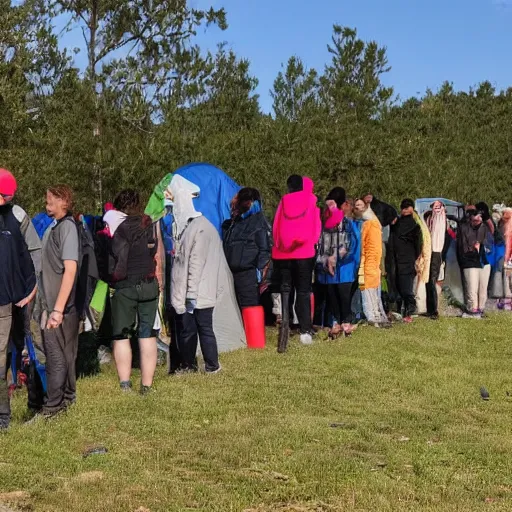 Prompt: people waiting in line before a toilet on a camping