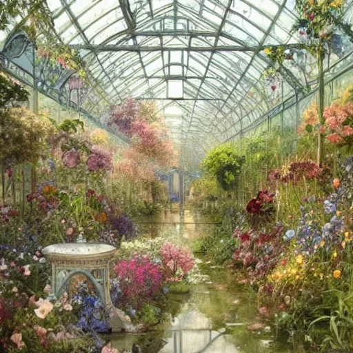 Prompt: a beautifull intricate watercolour painting of a greenhouse with many flowers, reflexions, verry high details by william turner art, greg rutkowski and alphonse mucha, trending on artstation, very very detailed, masterpiece