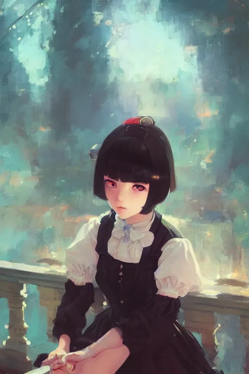 Image similar to a portrait of a cute young woman in a Victorian maid outfit with black bob cut hair, steampunk setting, vivid colors, soft lighting, atmospheric, cinematic, moody, in the style of Ilya Kuvshinov and Range Murata, Krenz Cushart, oil on canvas, 8k