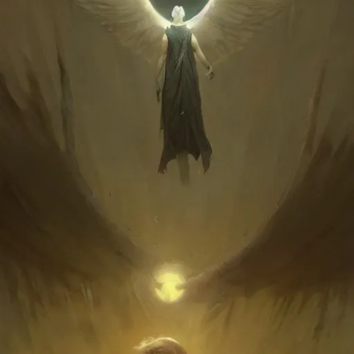 Prompt: a beautiful terrifying pale humanoid giant with wings looms over a tiny human. ethereal fantasy art by greg rutkowski