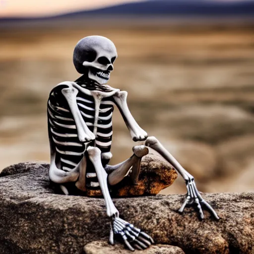 Image similar to a skeleton sitting on a rock, 30mm lens, high resolution 8k,