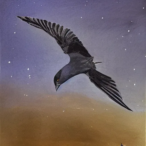 Prompt: a jackdaw with a hat jolts its neck as it takes flight in the night sky, a painting of nature in winter
