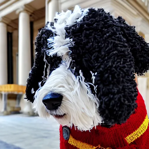 Image similar to a closeup photorealistic photograph of a cute smiling knitted bernedoodle judge dog dressed in a black gown, presiding over the courthouse. indoors, professional capture, well lit shot. this 4 k hd image is trending on artstation, featured on behance, well - rendered, extra crisp, features intricate detail, epic composition and the style of unreal engine.