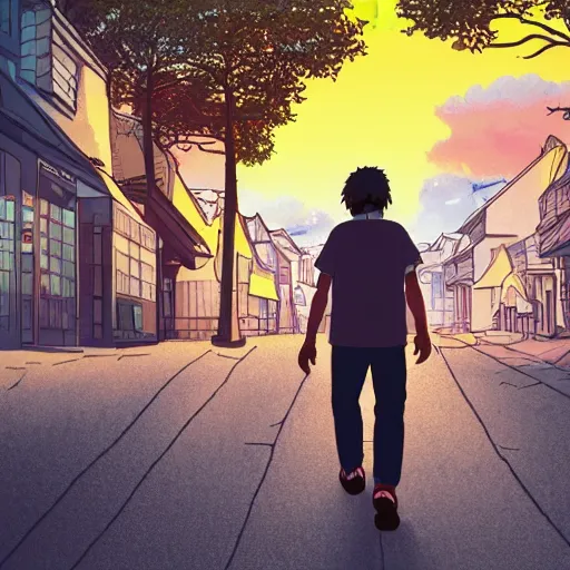 Prompt: man walking through street during a sunset, studio ghibli art style, 8 k