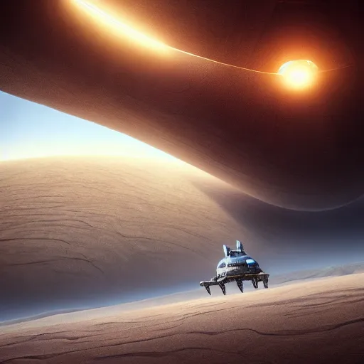 Image similar to spaceship of dune, epic, hyperrealistic photograph of the edge of time, dim volumetric lighting, 8 k, octane beautifully detailed render, extremely hyper detailed, intricate, epic composition, cinematic lighting, masterpiece, trending on artstation, very very detailed, stunning, hdr, smooth, sharp focus, high resolution, award, winning photo, dslr, 5 0 mm