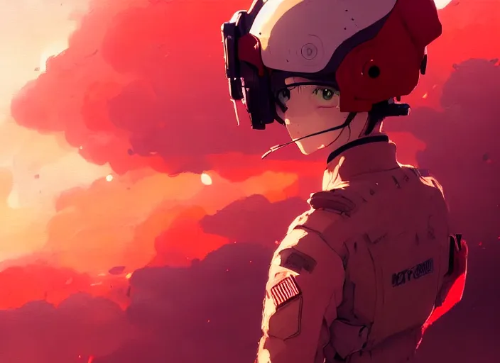 Image similar to portrait of pilot girl, red sky background, chaotic landscape, illustration concept art anime key visual trending pixiv fanbox by wlop and greg rutkowski and makoto shinkai and studio ghibli and kyoto animation, red body suit, military gear, evangelion, grimdark