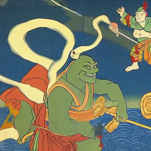 Prompt: a old japanese mural depicting shrek battling god, set in a beautiful background, historical painting