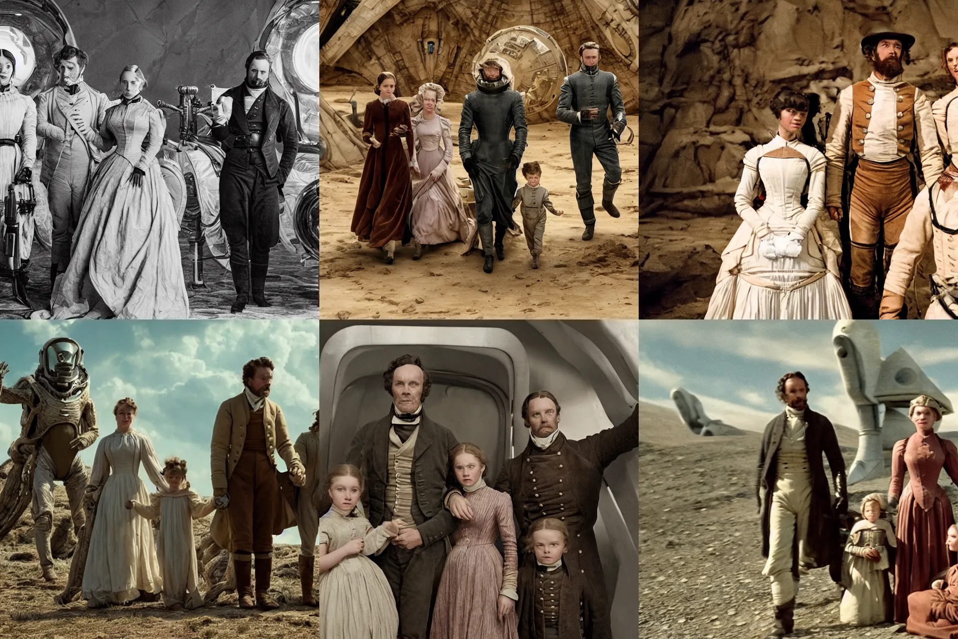 Prompt: detailed, 70mm film still from a sci fi blockbuster movie made in 2022, set in 1860, of a family leaving a spaceship, that has just landed on an alien planet, wearing 1850s era clothes, good lighting, 4k, HD, in focus