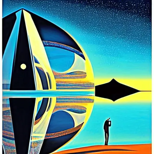 Image similar to poster big crystal in the desert, reflection from the crystal is sparkling due to sun, small starship near, futuristic, hi-tech details, style jean giraud