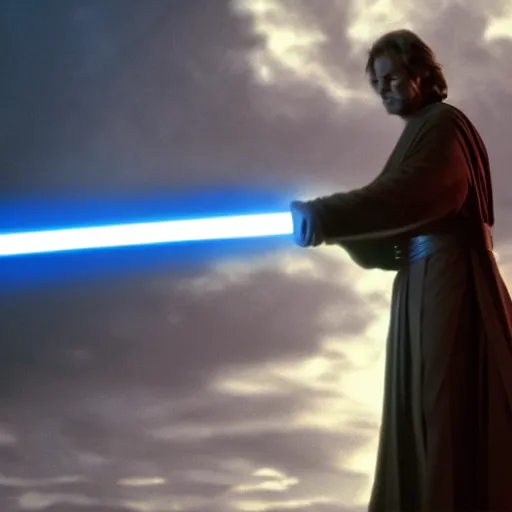 Prompt: Guy Fier in Star Wars Revenge of the Sith, Jedi Knight, blue light saber, cinematic lighting, cinematic, 55mm lens