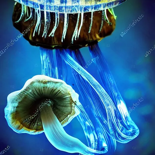 Image similar to jellyfish, mushroom, sun, water, forest